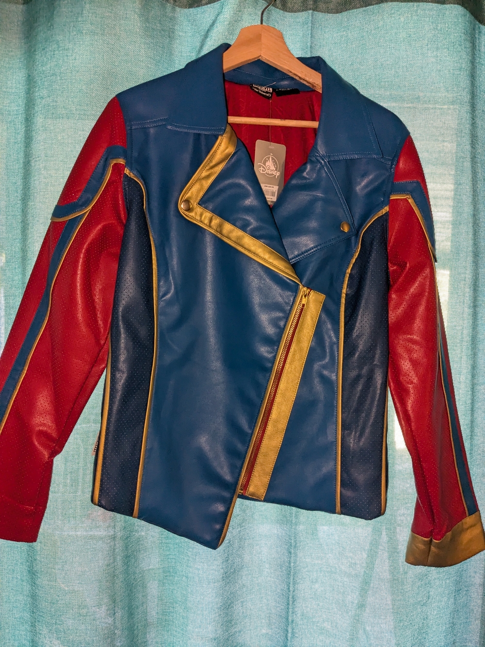 Her Marvel Universe Blue and Red Moto Leather Jacket with Gold Trim
